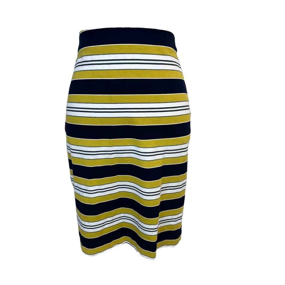 Ann Taylor Factory Skirt sz Medium Yellow Blue Navy Striped Pencil Knee Stretch